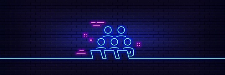 Neon light glow effect. Teamwork line icon. Remote office sign. Team employees symbol. 3d line neon glow icon. Brick wall banner. Teamwork outline. Vector