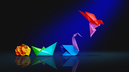 Transform and success or changing to succeed concept and leadership in business through innovation and evolution of ability as a crumpled paper transforming into a boat then a swan and a flying bird - obrazy, fototapety, plakaty