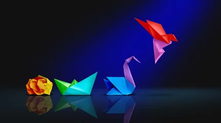 Tuinposter Transform and success or changing to succeed concept and leadership in business through innovation and evolution of ability as a crumpled paper transforming into a boat then a swan and a flying bird © freshidea