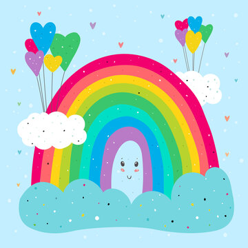 Hand-drew cute rainbow with clouds and balloons