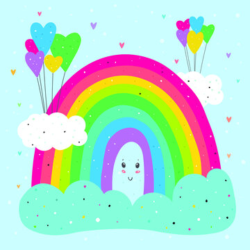 Hand-drew colorful cute rainbow with clouds and balloons