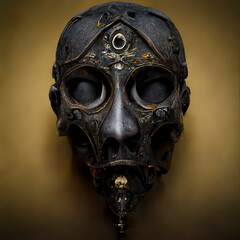 Concept of an Ancient Dark Wood Mask with Intricately Carved Details