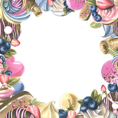 Square frame of various cakes, sweets, popsicles, berries, donuts, meringues. Watercolor illustration from a large set of SWEETS. For the design and decoration of menus, bakeries, patisseries, logos
