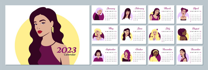 Calendar 2023 template with beautiful women. Design of calendar with girls.Vector illustration. Set of 12 Months calendars. The week starts on Sunday