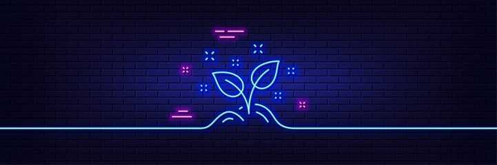 Neon light glow effect. Startup concept line icon. Idea leaves sign. Launch project symbol. 3d line neon glow icon. Brick wall banner. Startup concept outline. Vector © blankstock