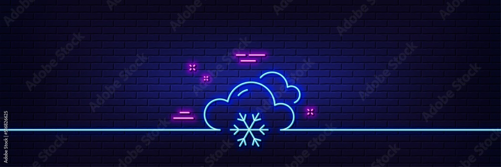 Poster neon light glow effect. snow weather forecast line icon. clouds with snowflake sign. cloudy sky symb