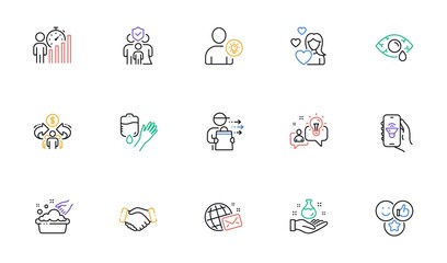 Blood, Food delivery and Chemistry lab line icons for website, printing. Collection of Like, Handshake, User idea icons. Sharing economy, Idea, Hand washing web elements. Music app. Vector