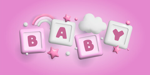 Fototapeta na wymiar Baby shower 3d space. Banner poster on Baby shower in render style. Lettering it's a boy. 