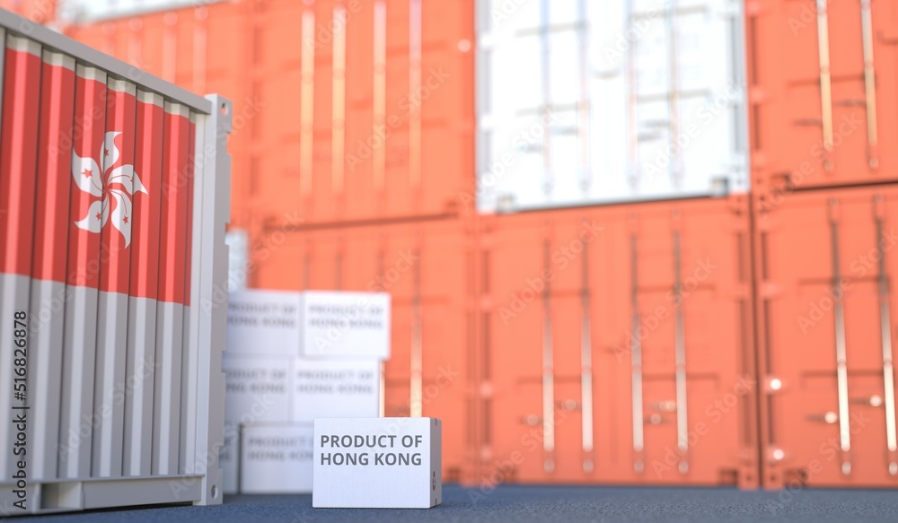 Poster product of hong kong text on the cardboard box and cargo terminal full of containers. 3d rendering