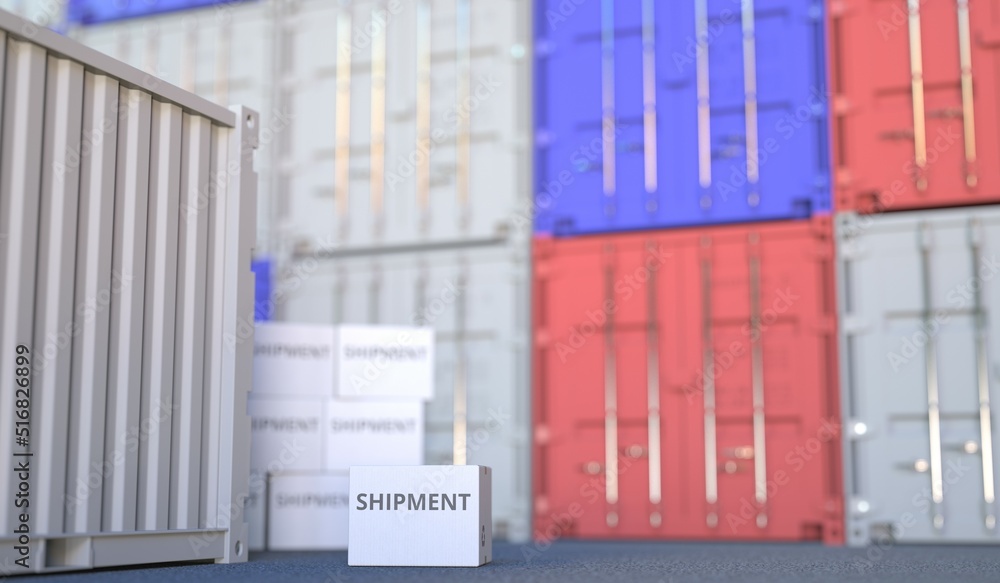 Aufkleber carton with shipment text and many containers, 3d rendering