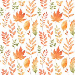 Watercolor autumn seamless pattern. Fall leaves, acorns, berries, spruce branch. Forest design elements. Hello Autumn! Perfect for fabric, wrapping paper, seasonal advertisement, cards
