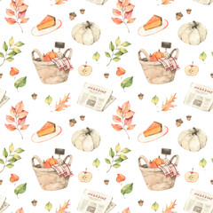 Watercolor Autumn seamless pattern. Fall leaves, acorns, basket with pumpkins, orange pie, magazine. Forest background. Hello Autumn! Perfect for seasonal advertisement, invitations, cards