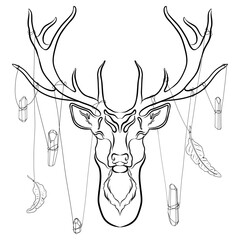 Mystical magic deer with crystals and feathers on white background. Hand drawn vector deer head for prints, posters and fantasy or esoteric design. Animal spirit art