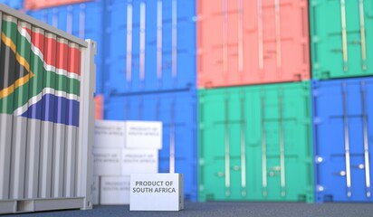 PRODUCT OF SOUTH AFRICA text on the cardboard box and cargo terminal full of containers. 3D rendering