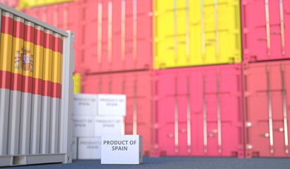 Box with PRODUCT OF SPAIN text and cargo containers. 3D rendering