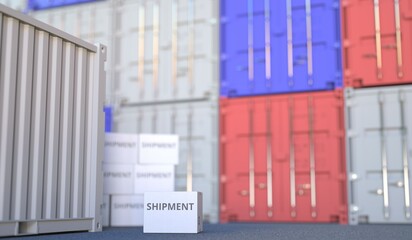 Carton with SHIPMENT text and many containers, 3D rendering