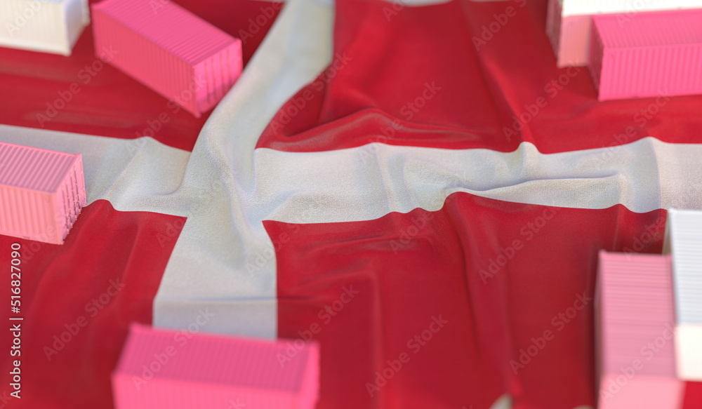 Poster national flag of denmark and cargo containers. import or export related 3d rendering