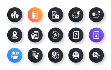 Minimal set of Unknown file, Download file and Online discounts flat icons for web development. Journey, Private payment, Location icons. Green electricity, Packing boxes. Vector
