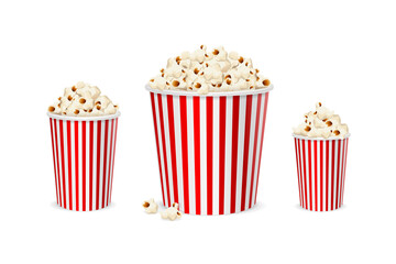 Realistic Detailed 3d Popcorn Bucket Set. Vector