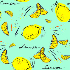 Vector seamless linear pattern with lemons with black outline on a blue background. Template for packaging, stationery, gifts, textiles, clothing