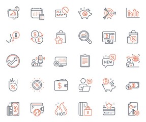 Finance icons set. Included icon as Report statistics, Account and Upper arrows web elements. Loan percent, Clipboard, Wallet icons. Discount, Bitcoin atm, Payment web signs. Card. Vector