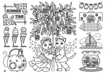 猫のイラスト夏のデザイン「SUMMER TIME（ぬりえ線画）」朝顔・アイスクリーム・蚊取り線香・七夕・織姫彦星・提灯・法被・ヨット・金魚鉢
(Illustration of cat Summer design "SUMMER TIME Line drawing" Morning glory, Ice cream, Star Festival, Yacht, Fishbowl)
