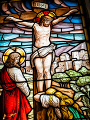 Stained glass window of Sanctuary of San Andrés de Teixido, La Coruña, Galicia, Spain