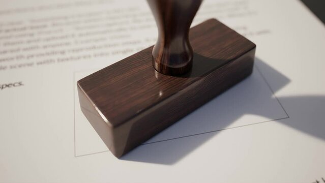 Wooden stamp with stamp red text FAKE on the document at the table. False papers