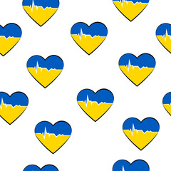 Seamless pattern with a heart in the colors of the Ukrainian flag. Pulse in the heart. Patriotic wallpaper. Support Ukraine.