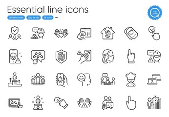 Winner, Checkbox and People chatting line icons. Collection of Hold heart, Hand click, Business statistics icons. Outsource work, Click hand, Security agency web elements. Communication. Vector
