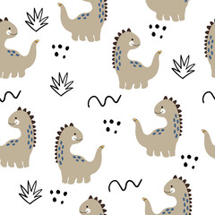 Vector hand drawn seamless pattern with cute dinosaurs. Dino, bushes, dots and doodles. Scandinavian style. For decorating a children's wall, wallpaper, clothes and textiles.