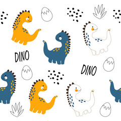Vector hand drawn seamless pattern with cute dinosaurs. Dino, bushes, dots, eggs and doodles. Scandinavian style. For decorating a children's wall, wallpaper, clothes and textiles.