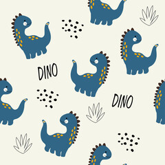Vector hand drawn seamless pattern with cute dinosaurs. Dino, bushes and dots. Scandinavian style. For decorating a children's wall, wallpaper, clothes and textiles.