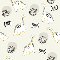 Vector hand drawn seamless pattern with dinosaurs. Cute dino in doodle style with dots and lettering. Trendy children's wallpapers, textiles, clothing, wall decor.
