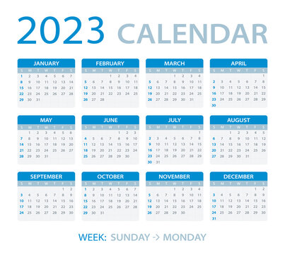 2023 calendar - Sunday to Monday - Vector template