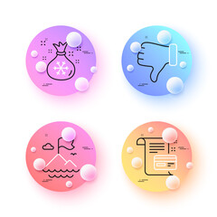 Santa sack, Payment card and Dislike hand minimal line icons. 3d spheres or balls buttons. Mountain flag icons. For web, application, printing. Gifts bag, Agreement conditions, Thumbs down. Vector