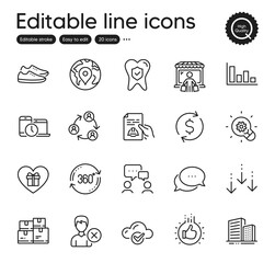 Set of Business outline icons. Contains icons as Technical documentation, Like hand and Buildings elements. Dots message, Shoes, Full rotation web signs. Innovation, Dollar exchange. Vector