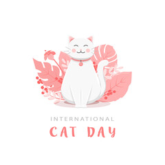 International cat day with white cat and leaves in white colors
