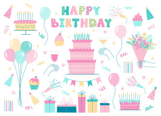 Set of Birthday design elements. Birthday party celebration clipart. Vector holiday pack with bright presents, cakes with candles, balloons, flowers, flags.