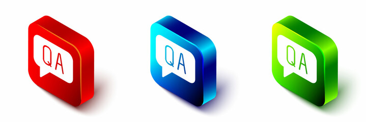 Isometric Speech bubbles with Question and Answer icon isolated on white background. Q and A symbol. FAQ sign. Chat speech bubble and chart. Red, blue and green square button. Vector