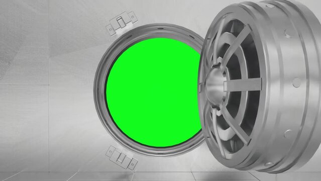 Bank safe vault door opening and camera slowly zooming in green screen