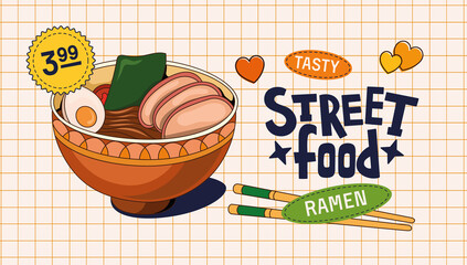 Vector drawing noodles in bright colors on a light background. Text block with sticker in retro style. Freehand drawings on the background.