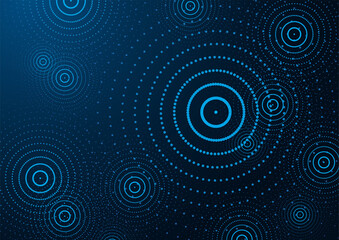 Abstract dark blue backgound with dotted circles, water ripples. Abstract horizontal rings banner
