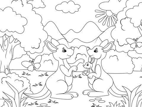 Kangaroo family in the forest. Australian nature. Raster, page for printable children coloring book.