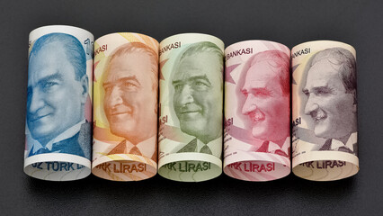 various banknotes and Turkish lira banknotes.