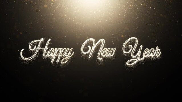 Happy new year greetings with golden glitter particles. Seamless looping animation.