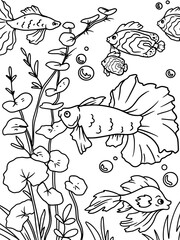 Coloring book, white background, black lines. Aquarium, river bottom. Water world and fish.