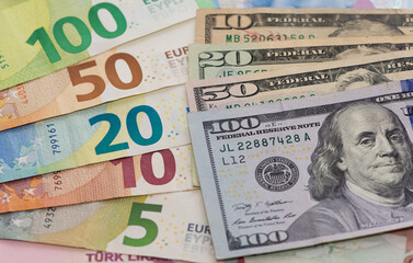 Fototapeta na wymiar various banknotes. euro and dollar bills.