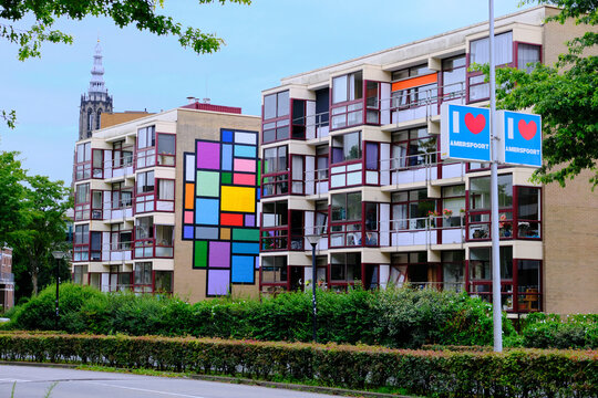 Amersfoort, The Netherlands, Kuly 6, 2022; Artwork in the city center in honor of the 150th birthday of abstract artist Piet Mondrian.