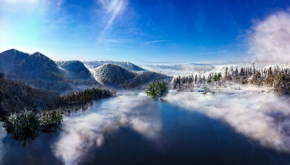 Mountain winter landscape with thick fog, top view. Foggy forest from above. Frozen lake in the forest. Winter landscape. 3D illustration.